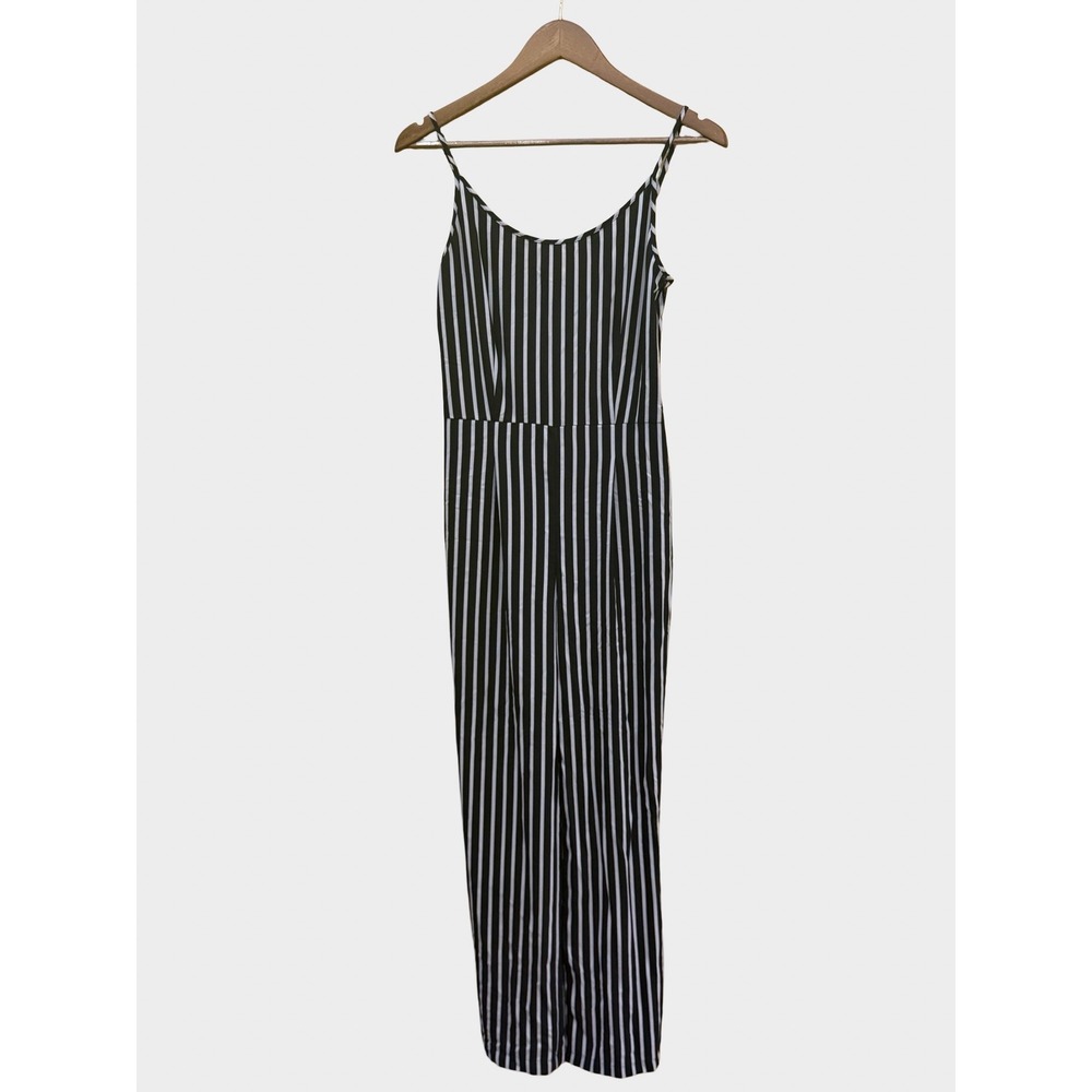 🌻3/$10 Ci Sono Black Ivory Striped Jumpsuit Spaghetti Strap Small Minimalist - Picture 2 of 9